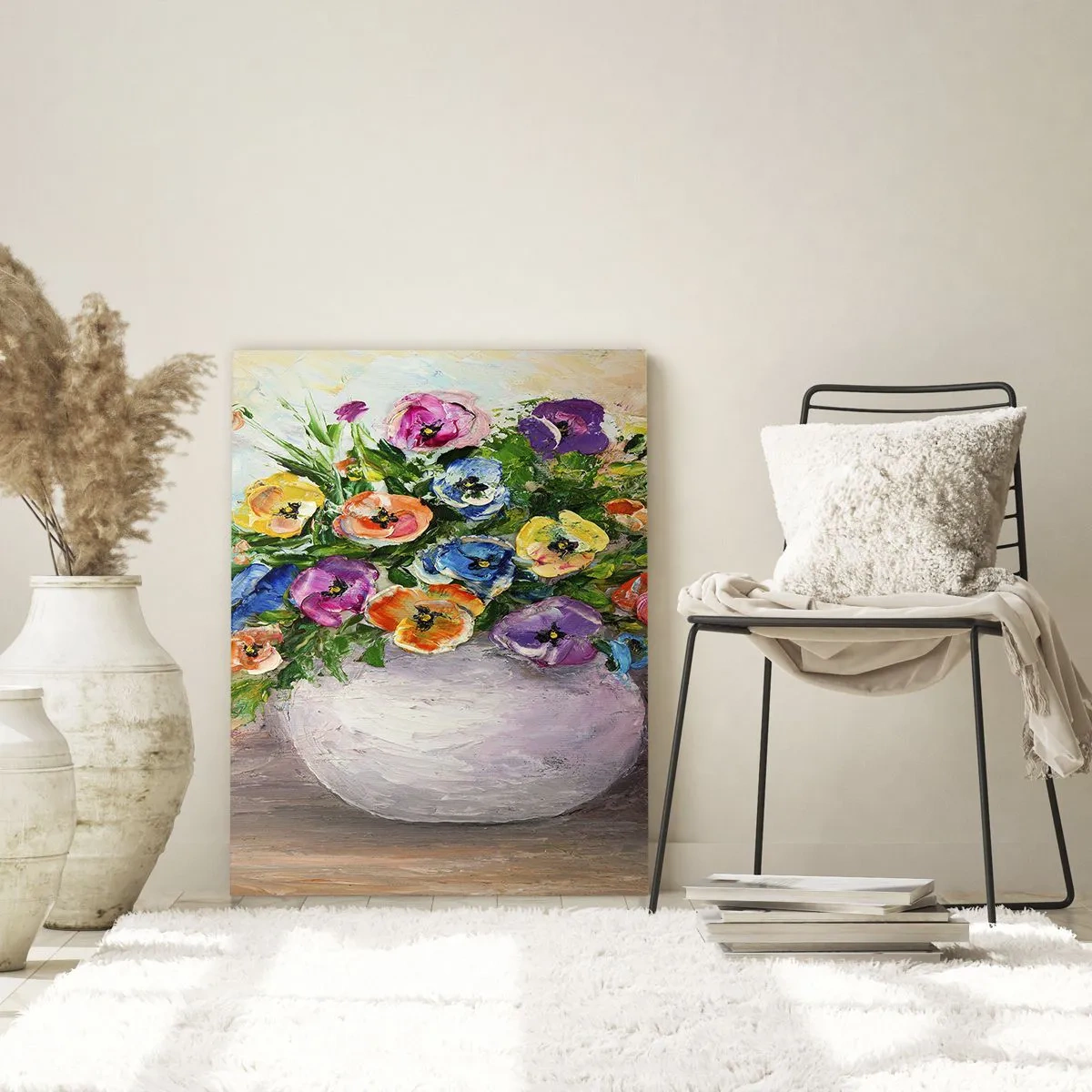 Glasbild - Bild auf glas - Ein Strauß bunter Blumen in einer weißen Vase - 50x70cm - Stillleben mit einer weißen Vase - Moderne Wanddekoration für Wohnzimmer und Schlafzimmer ARTTOR
