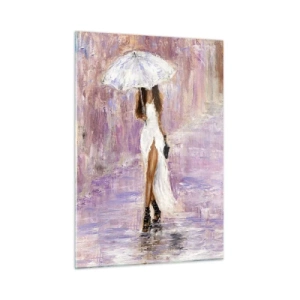 Glasbild - Bild auf glas - Figur einer Frau mit Regenschirm in einer lila Regenszene - 50x70cm - Im lila Regen - Moderne Wanddekoration für Wohnzimmer und Schlafzimmer ARTTOR