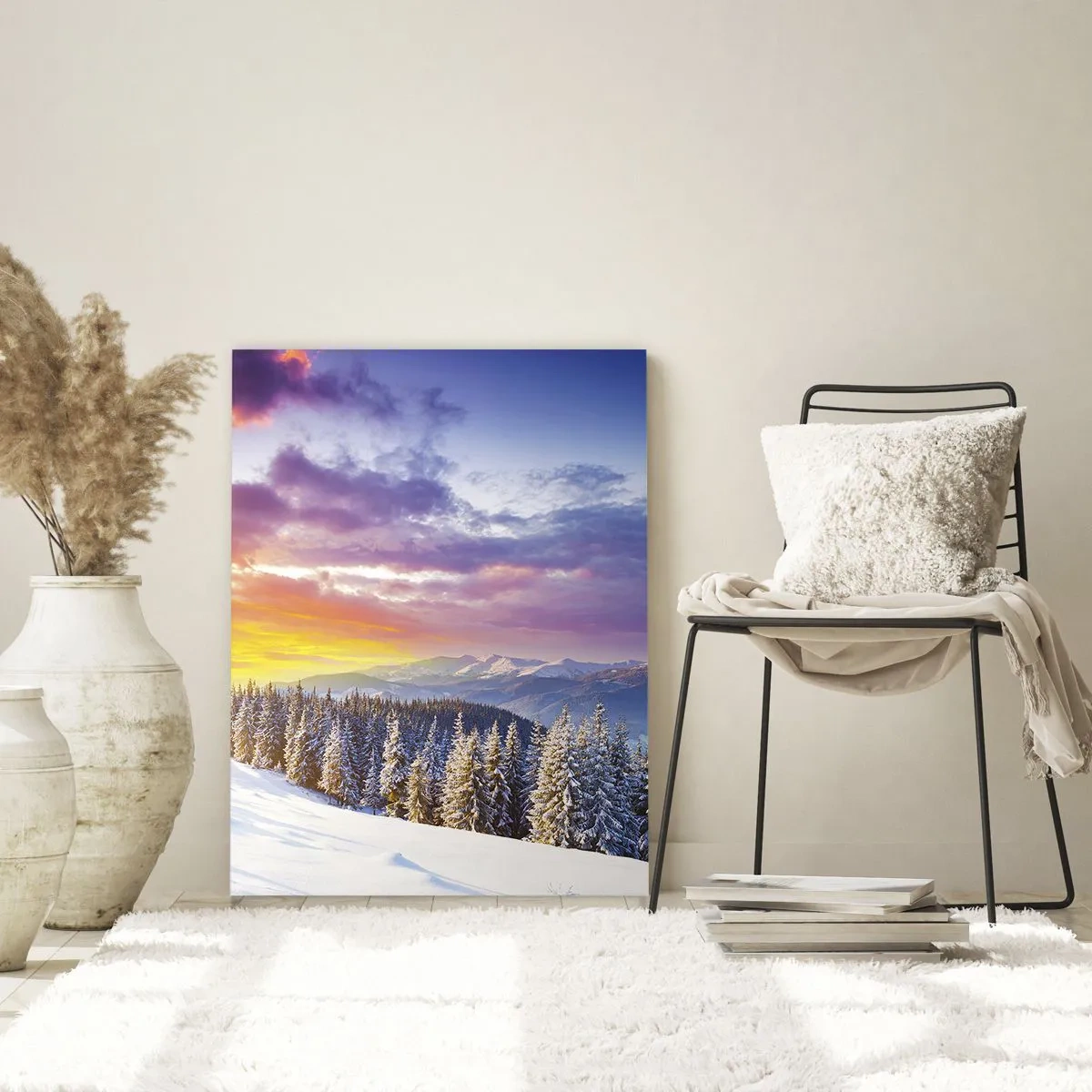 Glasbild - Bild auf glas - Winterlandschaft mit Bergen und Wald bei Sonnenuntergang - 70x100cm - Am helllichten Tag - Moderne Wanddekoration für Wohnzimmer und Schlafzimmer ARTTOR