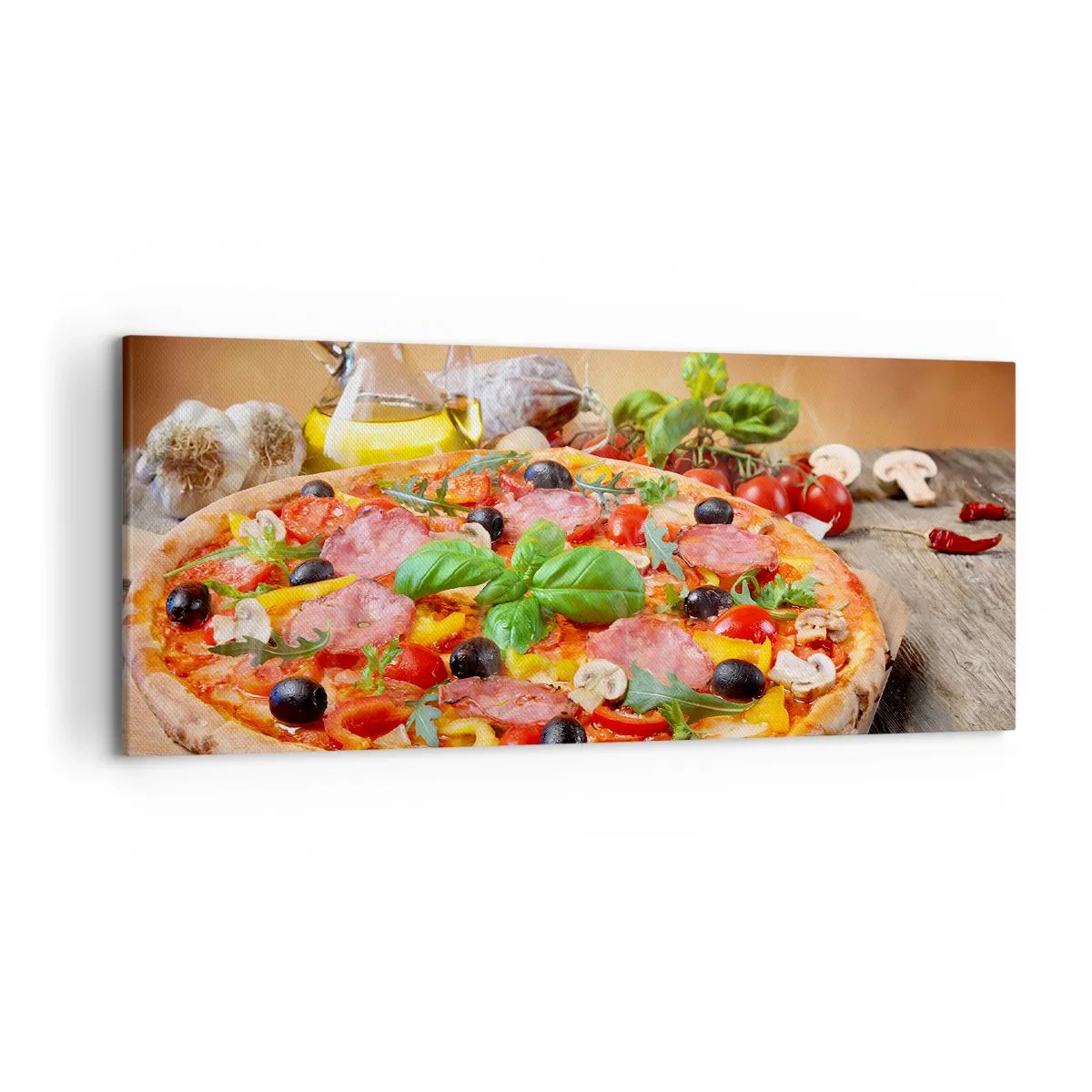 Bild auf Leinwand - Leinwandbild - Appetitliche Pizza auf einem Holztisch mit Belag - 120x50cm - Mit echtem italienischem Flair - Moderne Wanddekoration für Wohnzimmer und Schlafzimmer ARTTOR