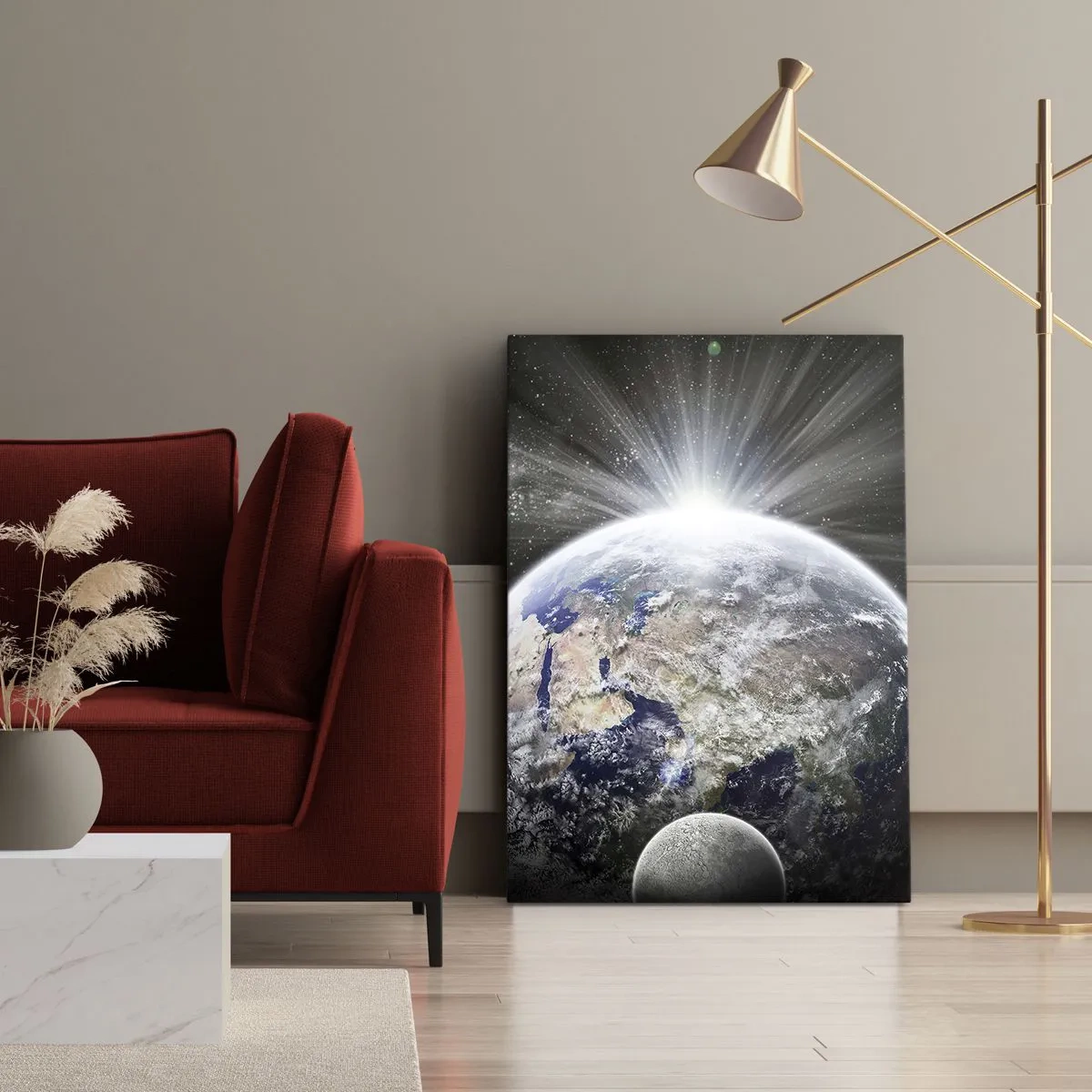 Bild auf Leinwand - Leinwandbild - Erde und Mond im Schein des Weltraums - 80x120cm - In voller Pracht - Moderne Wanddekoration für Wohnzimmer und Schlafzimmer ARTTOR