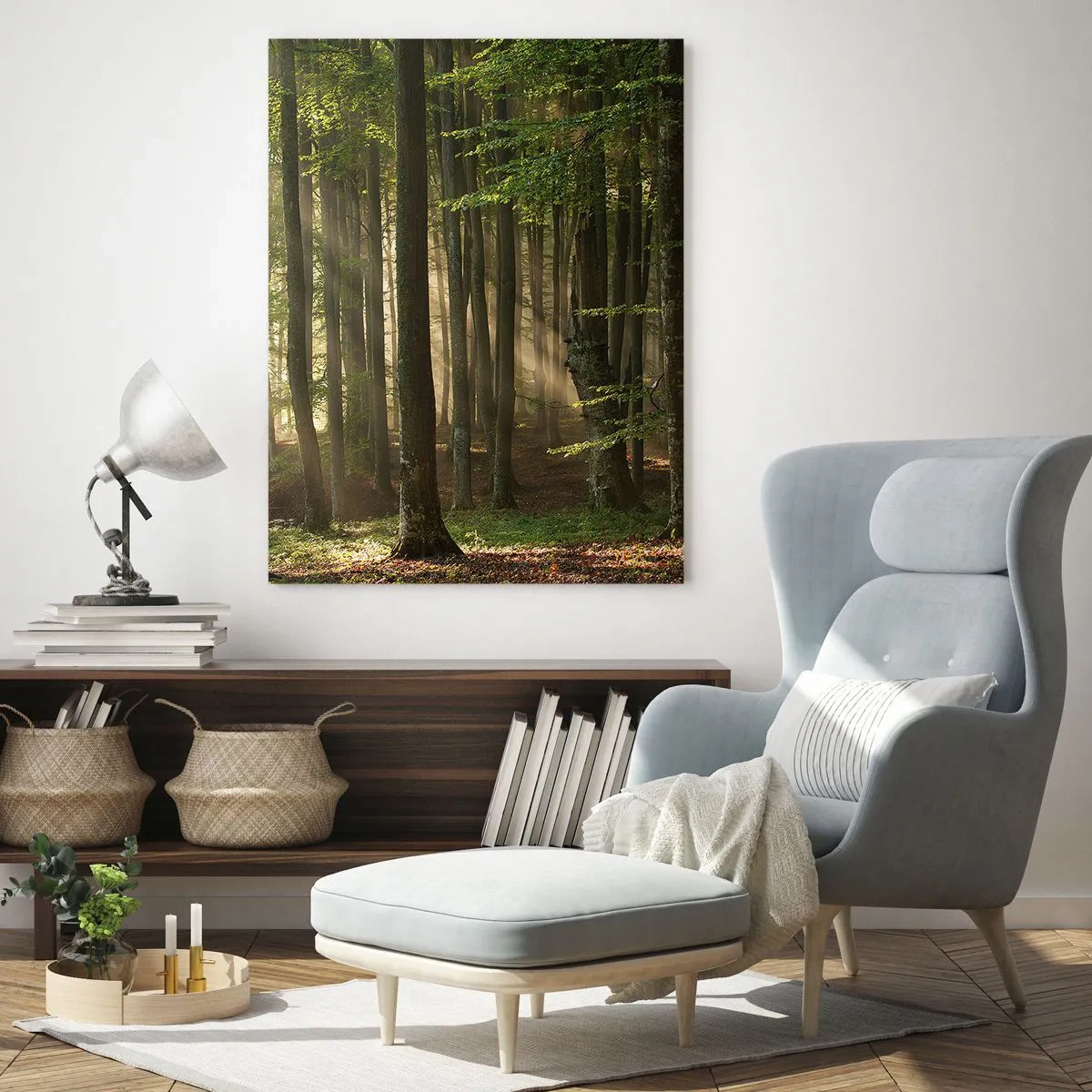 Glasbild - Bild auf glas - Sonnenstrahlen dringen durch die Bäume im Wald - 80x120cm - Strahlend an einem Frühlingsmorgen - Moderne Wanddekoration für Wohnzimmer und Schlafzimmer ARTTOR