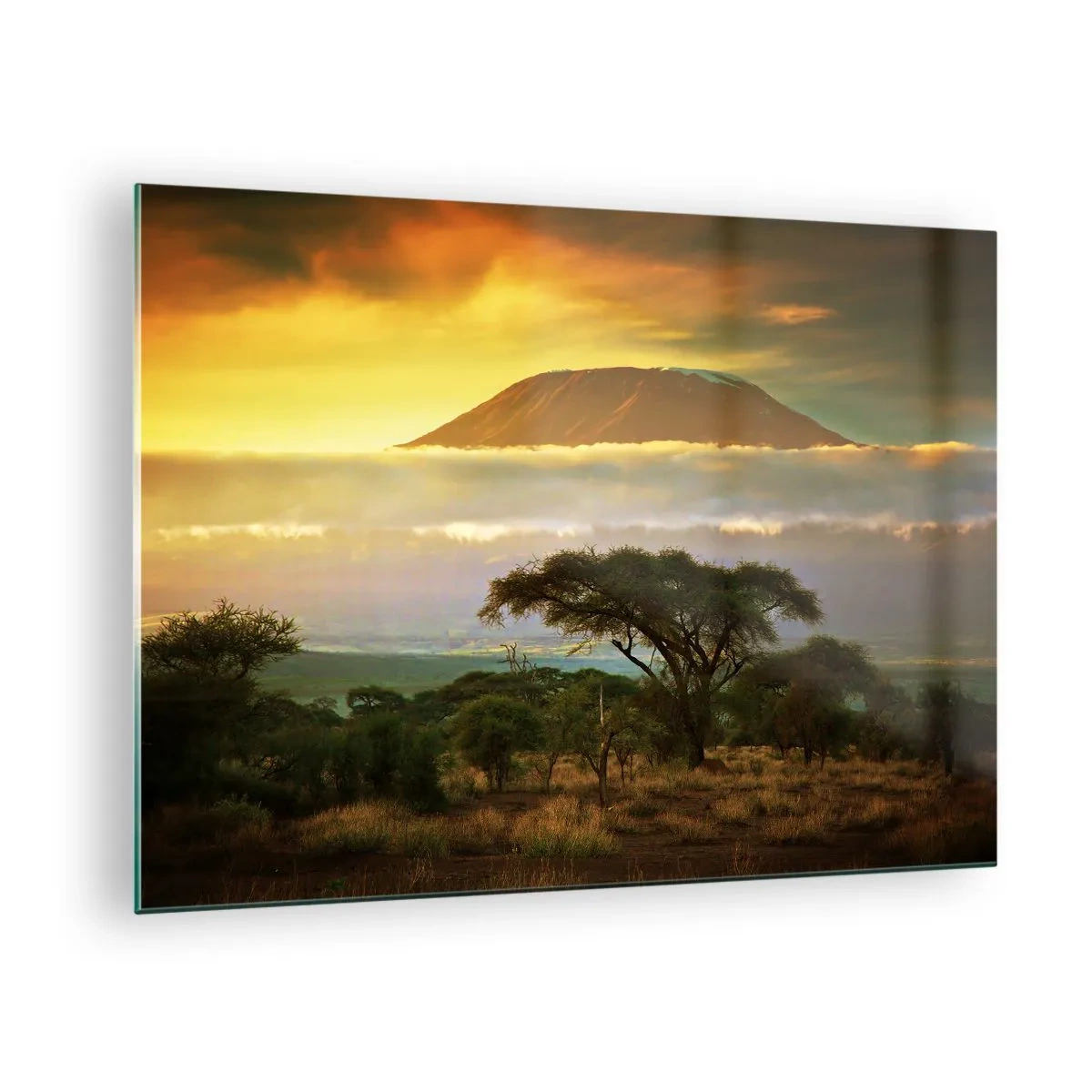 Glasbild - Bild auf glas - Der Kilimandscharo, umgeben von Wolken vor der Kulisse der afrikanischen Savanne - 70x50cm - Ein Reisetraum - Moderne Wanddekoration für Wohnzimmer und Schlafzimmer ARTTOR