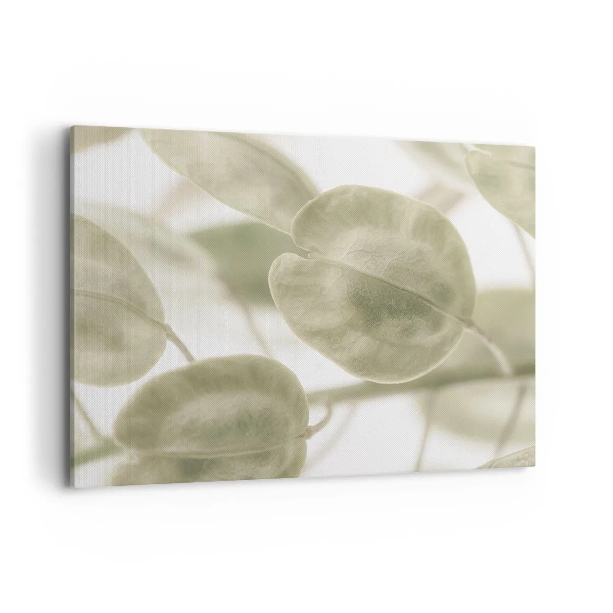 Bild auf Leinwand - Leinwandbild - Ein zartes Gemälde von Blättern in pastellfarbenen Grüntönen auf hellem Hintergrund. - 100x70cm - Am Anfang waren Blätter... - Moderne Wanddekoration für Wohnzimmer und Schlafzimmer ARTTOR
