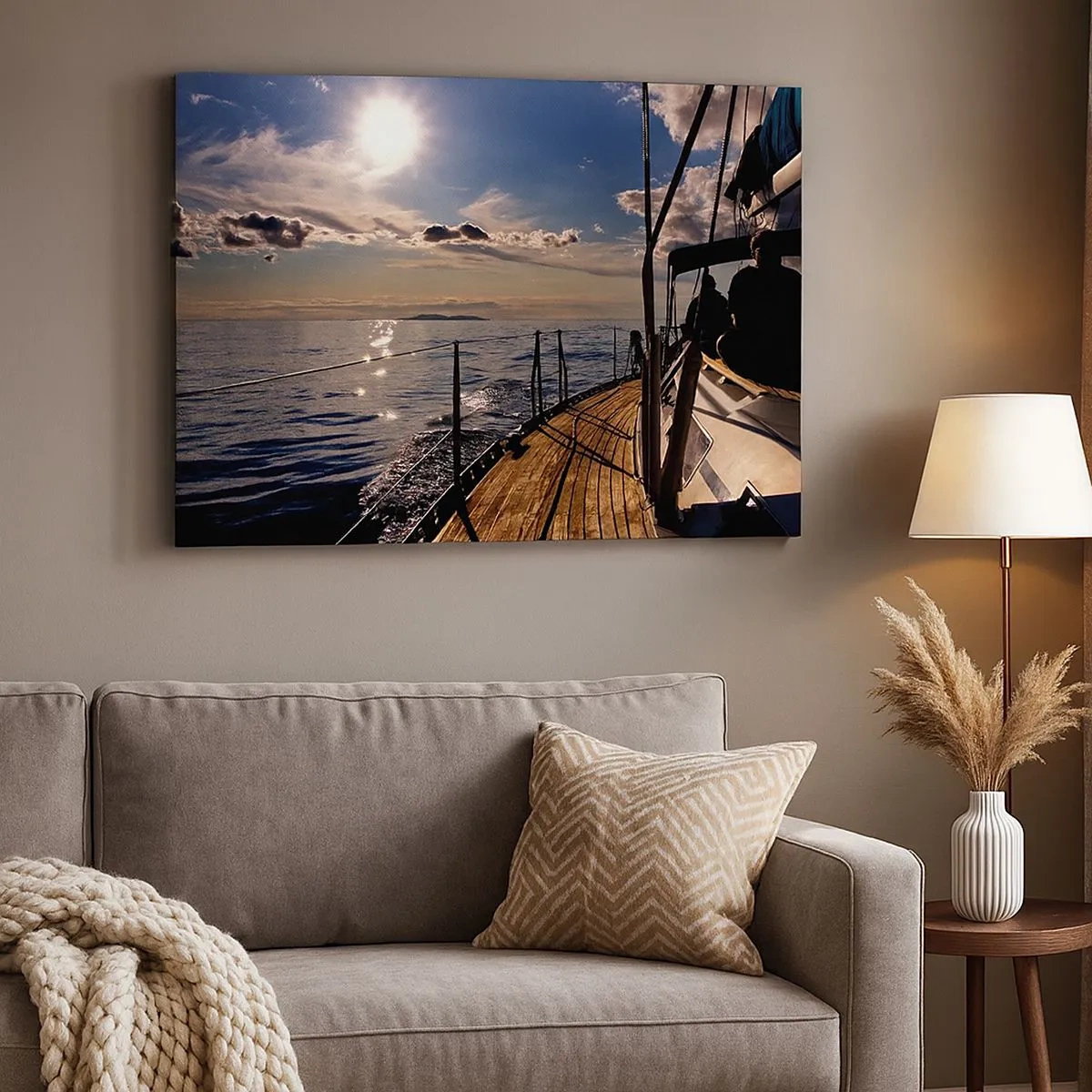 Bild auf Leinwand - Leinwandbild - Eine Yachtkreuzfahrt auf dem Meer bei Sonnenuntergang - 70x50cm - Der Sonne entgegen segeln - Moderne Wanddekoration für Wohnzimmer und Schlafzimmer ARTTOR