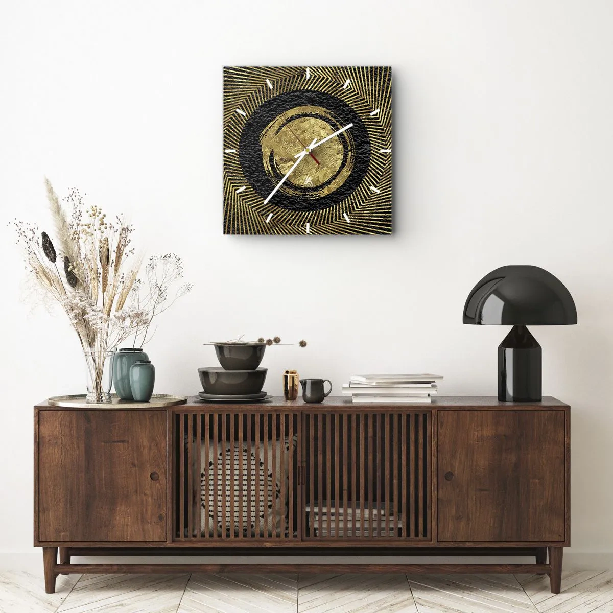 Wanduhr - Glasuhr - Geometrische Komposition in Schwarz und Gold mit Strahlen - 30x30cm - Glamour-Komposition - Moderne Wanddekoration für Wohnzimmer und Schlafzimmer ARTTOR