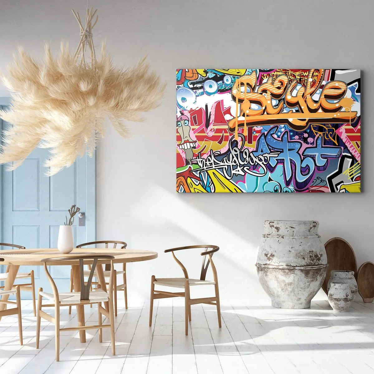 Bild auf Leinwand - Leinwandbild - Bunte Graffiti mit dynamischen Aufschriften und Illustrationen - 70x50cm - Wandbilder, Wandbilder, Wandbilder ... - Moderne Wanddekoration für Wohnzimmer und Schlafzimmer ARTTOR
