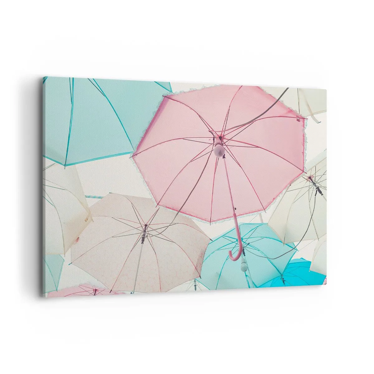 Bild auf Leinwand - Leinwandbild - Pastellfarbene Regenschirme vor einem hellen Himmel - 100x70cm - Mal Sonne, mal Regen - Moderne Wanddekoration für Wohnzimmer und Schlafzimmer ARTTOR