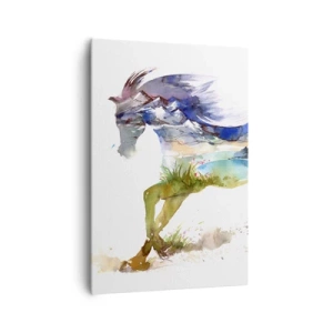 Bild auf Leinwand - Leinwandbild - Aquarell eines Pferdes mit einer Berglandschaft in der Silhouette - 70x100cm - Von der Wiese direkt in den Himmel - Moderne Wanddekoration für Wohnzimmer und Schlafzimmer ARTTOR