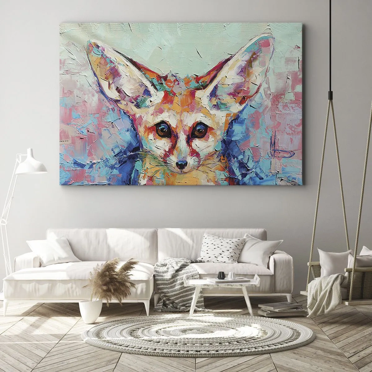 Bild auf Leinwand - Leinwandbild - Ein farbenfrohes Porträt eines Fenneks im Stil der expressiven Malerei. - 120x80cm - Bist du bereit für mich? - Moderne Wanddekoration für Wohnzimmer und Schlafzimmer ARTTOR