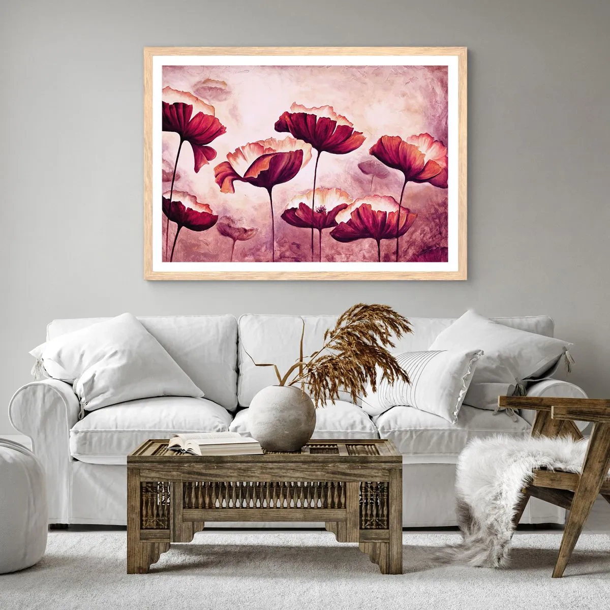 Poster in einem Rahmen aus heller Eiche - Rotes und weißes Blütenblatt - 40x30 cm