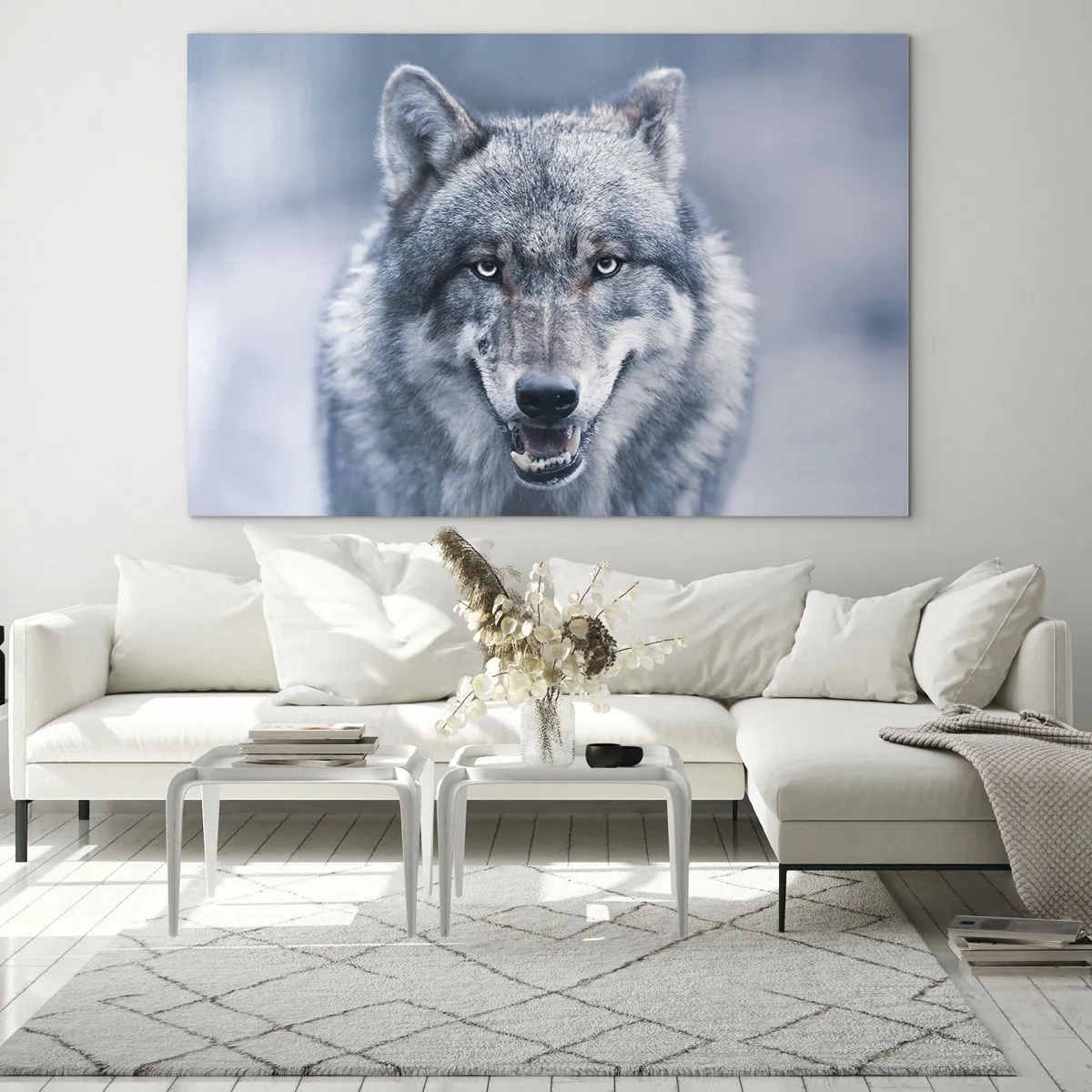 Glasbild - Bild auf glas - Ein Wolf mit durchdringendem Blick vor dem Hintergrund eines verschneiten Waldes - 100x70cm - Werden Sie die Herausforderung annehmen? - Moderne Wanddekoration für Wohnzimmer und Schlafzimmer ARTTOR