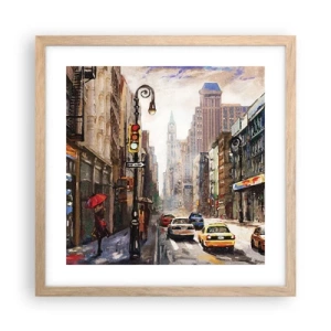 Poster in einem Rahmen aus heller Eiche - New York - auch im Regen bunt - 40x40 cm