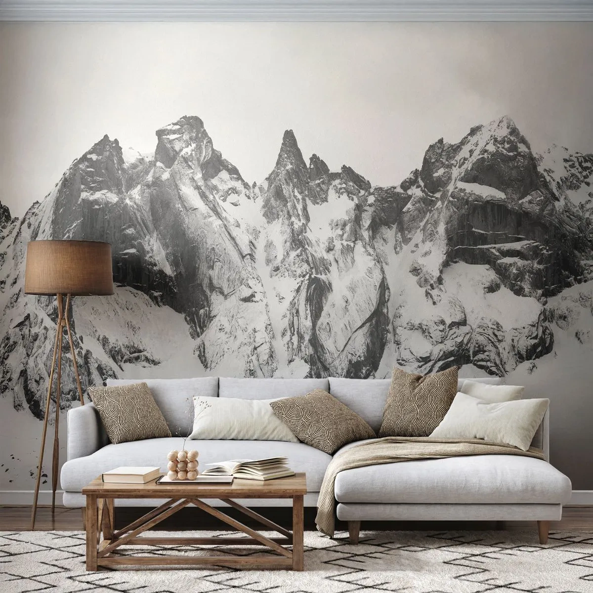 Fototapete Premium Sand - Schwarz-weiße, schneebedeckte Rocky Mountains - 100x70cm - Gefährlicher Granitgrat - Moderne Wanddekoration für Wohnzimmer und Schlafzimmer ARTTOR