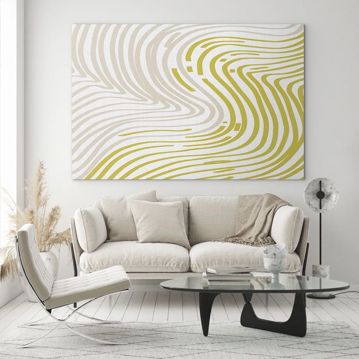 Glasbild - Bild auf glas - Organische Linien in Beige- und Limettentönen auf weißem Hintergrund - 70x50cm - Komposition mit sanfter Biegung - Moderne Wanddekoration für Wohnzimmer und Schlafzimmer ARTTOR