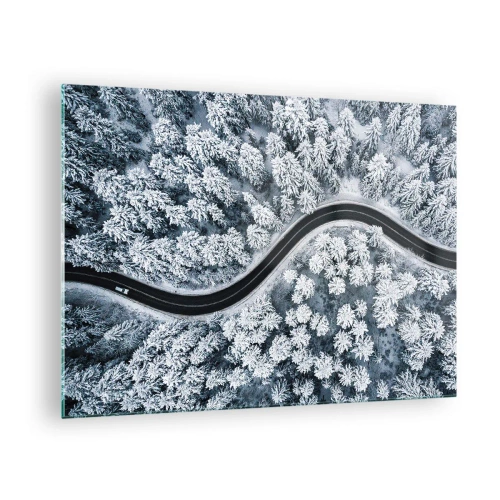 Glasbild - Bild auf glas - Eine kurvenreiche Straße durch einen Winterwald, von einer Drohne aus gesehen - 70x50cm - Durch den Winterwald - Moderne Wanddekoration für Wohnzimmer und Schlafzimmer ARTTOR
