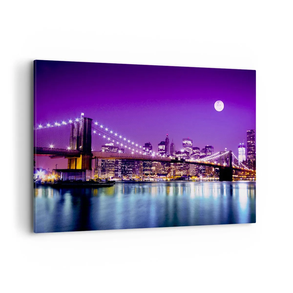 Bild auf Leinwand - Leinwandbild - Brooklyn Bridge bei Nacht mit beleuchteter Stadt und Vollmond - 120x80cm - Die Lichter der Großstadt in Lila - Moderne Wanddekoration für Wohnzimmer und Schlafzimmer ARTTOR