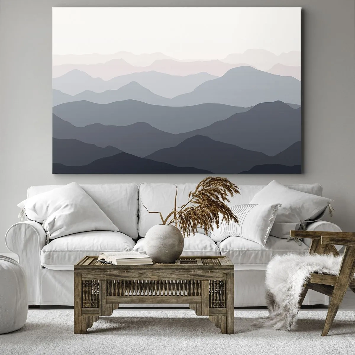 Bild auf Leinwand - Leinwandbild - Dezente Bergschichten in Grau- und Blautönen - 100x70cm - Wellen der Berge - Moderne Wanddekoration für Wohnzimmer und Schlafzimmer ARTTOR