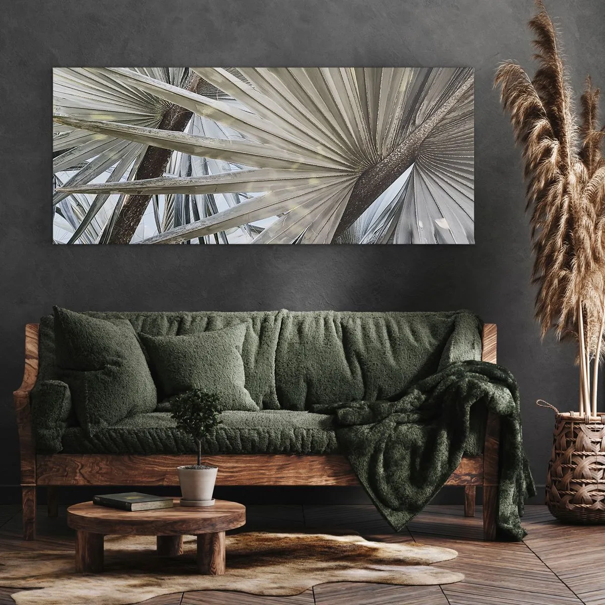 Bild auf Leinwand - Leinwandbild - Nahaufnahme von Palmblättern in natürlichen Grüntönen - 160x50cm - Fans in den Tropen - Moderne Wanddekoration für Wohnzimmer und Schlafzimmer ARTTOR