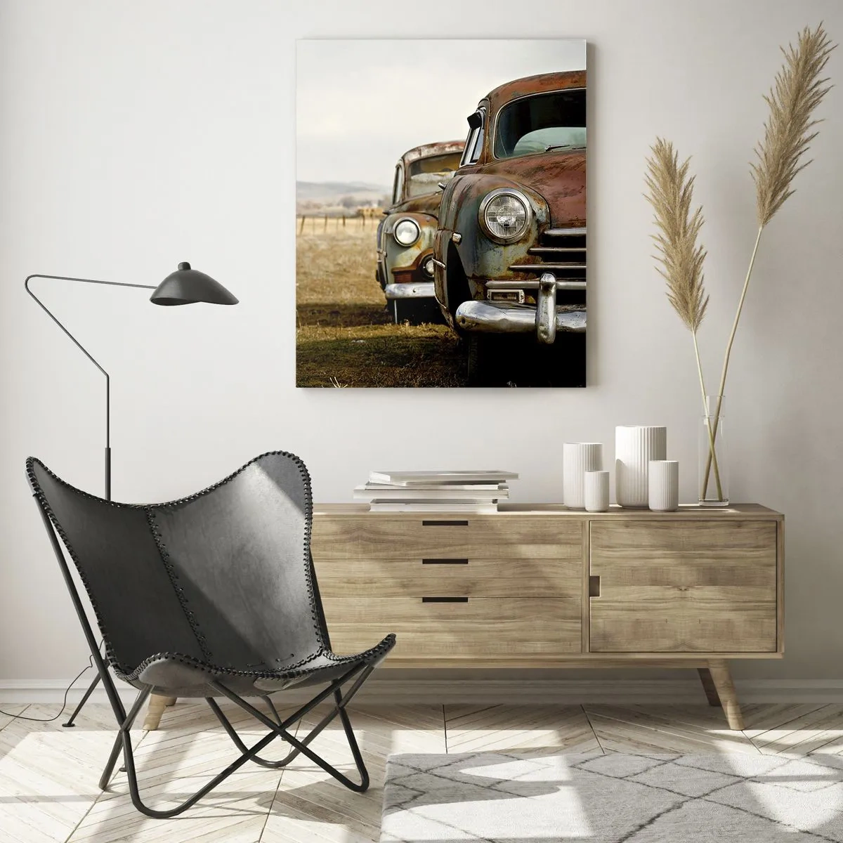 Glasbild - Bild auf glas - Oldtimer auf einer Landstraße - 50x70cm - Eine wohlverdiente Ruhe - Moderne Wanddekoration für Wohnzimmer und Schlafzimmer ARTTOR