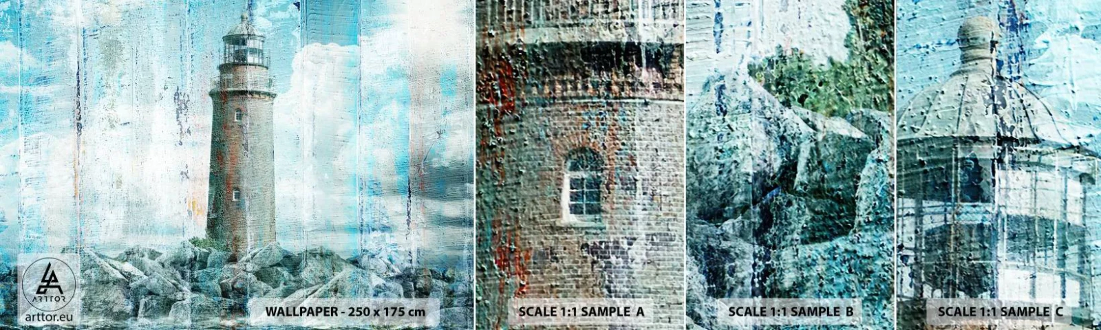 Fototapeten Muster Selbstklebend Deluxe Sticker - Auf altem Holz - Abstraktion, Leuchtturm, Meer - 100x30 cm
