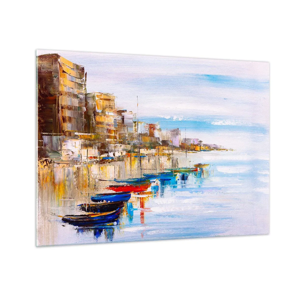 Glasbild - Bild auf glas - Bunte Boote liegen am Stadtkai fest - 70x50cm - Bunte urbane Oase - Moderne Wanddekoration für Wohnzimmer und Schlafzimmer ARTTOR