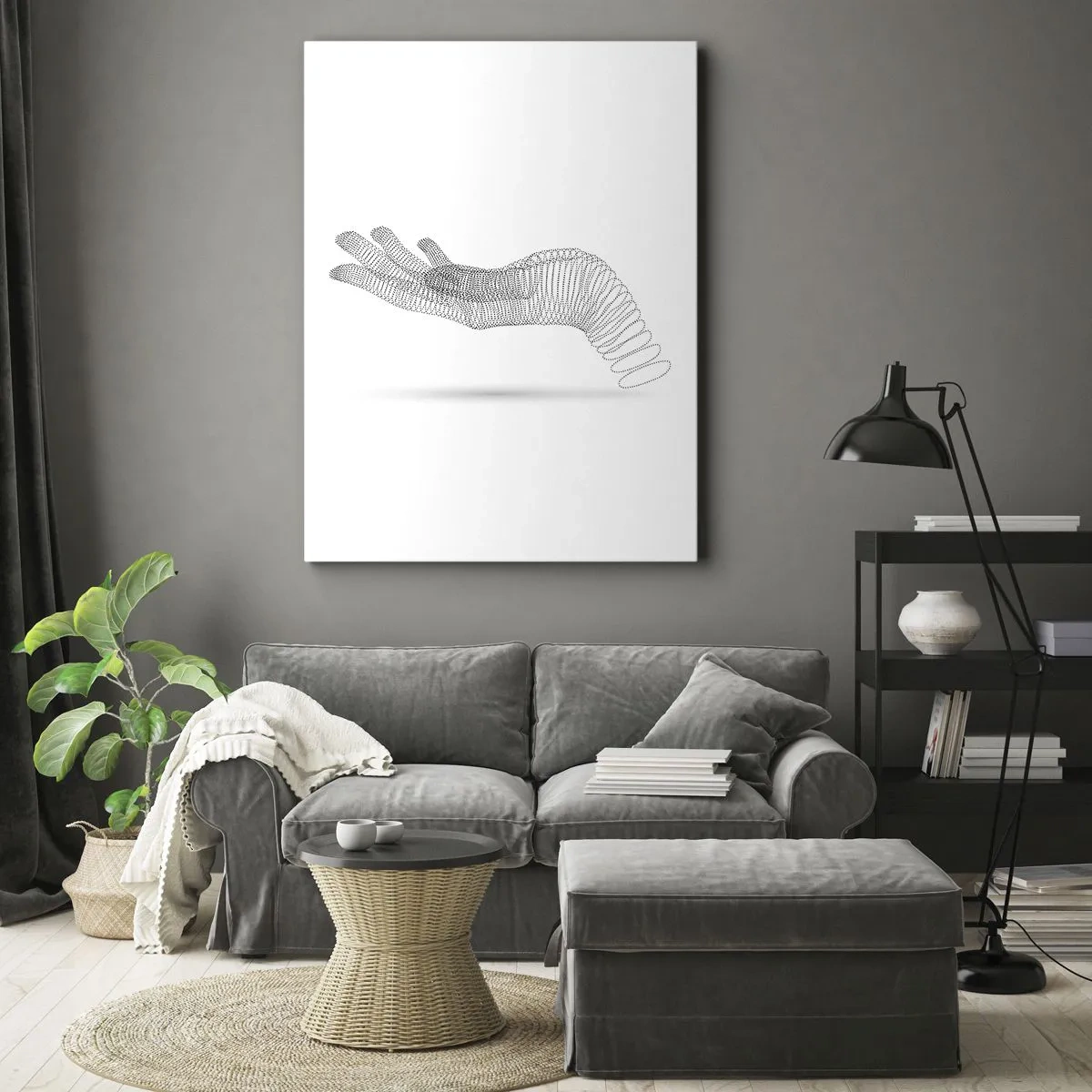 Bild auf Leinwand - Leinwandbild - Eine minimalistische Illustration einer Hand aus schwarzen Punkten auf weißem Hintergrund. - 80x120cm - Federnde Hand - Moderne Wanddekoration für Wohnzimmer und Schlafzimmer ARTTOR