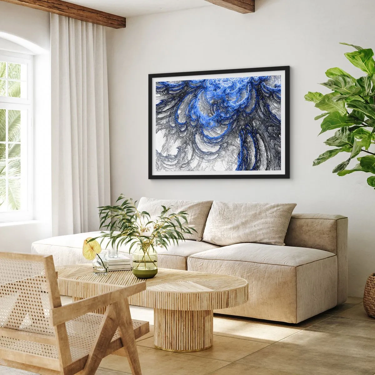 Poster in einem schwarzem Rahmen - Abstrakte Wellen in Blau- und Grautönen - 70x50cm - Die Geburt einer Welle - Moderne Wanddekoration für Wohnzimmer und Schlafzimmer ARTTOR