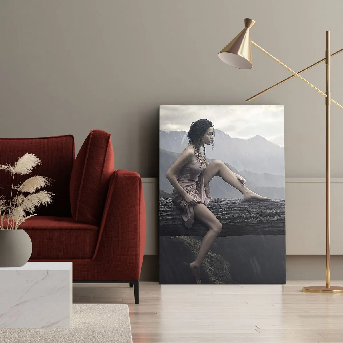 Bild auf Leinwand - Leinwandbild - Eine Frau und eine Katze auf einem Baumstamm im Regen mit Blick auf die Berge. - 70x100cm - Gipfel der Schönheit - Moderne Wanddekoration für Wohnzimmer und Schlafzimmer ARTTOR