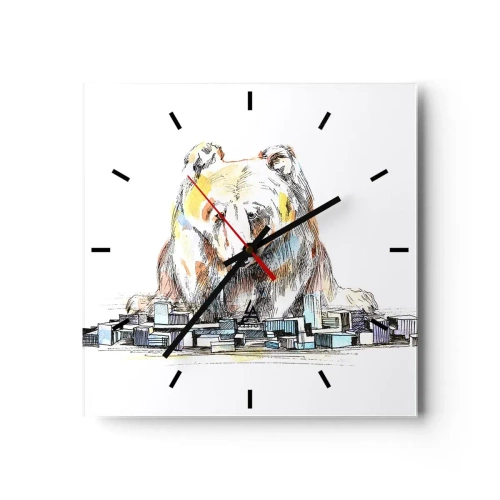 Wanduhr - Glasuhr - Illustration eines Bären mit bunten Details und Blöcken - 30x30cm - Wie kann man so leben? - Moderne Wanddekoration für Wohnzimmer und Schlafzimmer ARTTOR