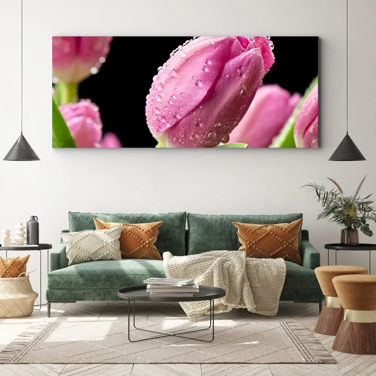 Bild auf Leinwand - Leinwandbild - Rosa Tulpe mit Wassertropfen auf schwarzem Hintergrund - 140x50cm - Lila Traum im Tau - Moderne Wanddekoration für Wohnzimmer und Schlafzimmer ARTTOR