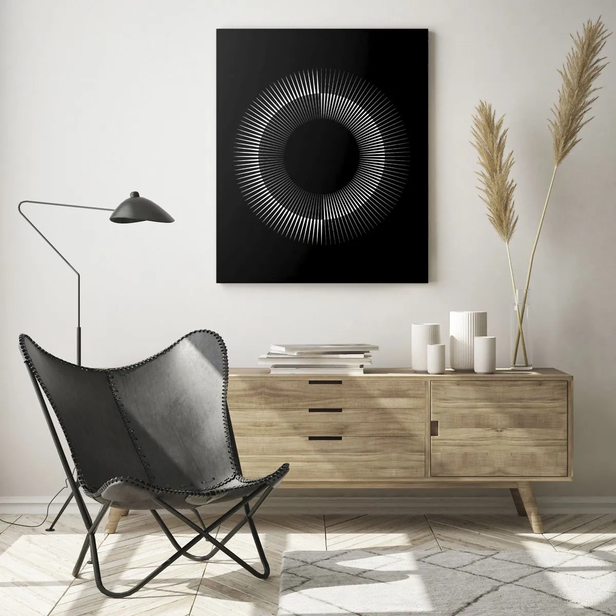 Glasbild - Bild auf glas - Grafischer Kreis mit Strahlen in Schwarz und Weiß - 70x100cm - Schwarze Sonne - Moderne Wanddekoration für Wohnzimmer und Schlafzimmer ARTTOR