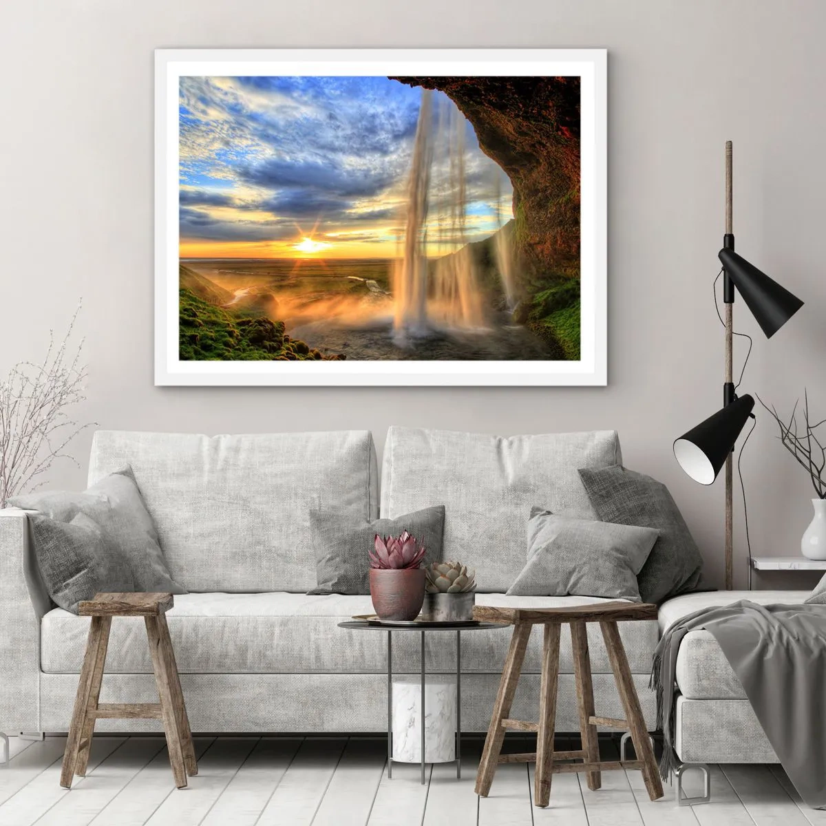 Poster in einem weißen Rahmen - Die Welt hinter einem Schleier aus Tropfen - 100x70 cm