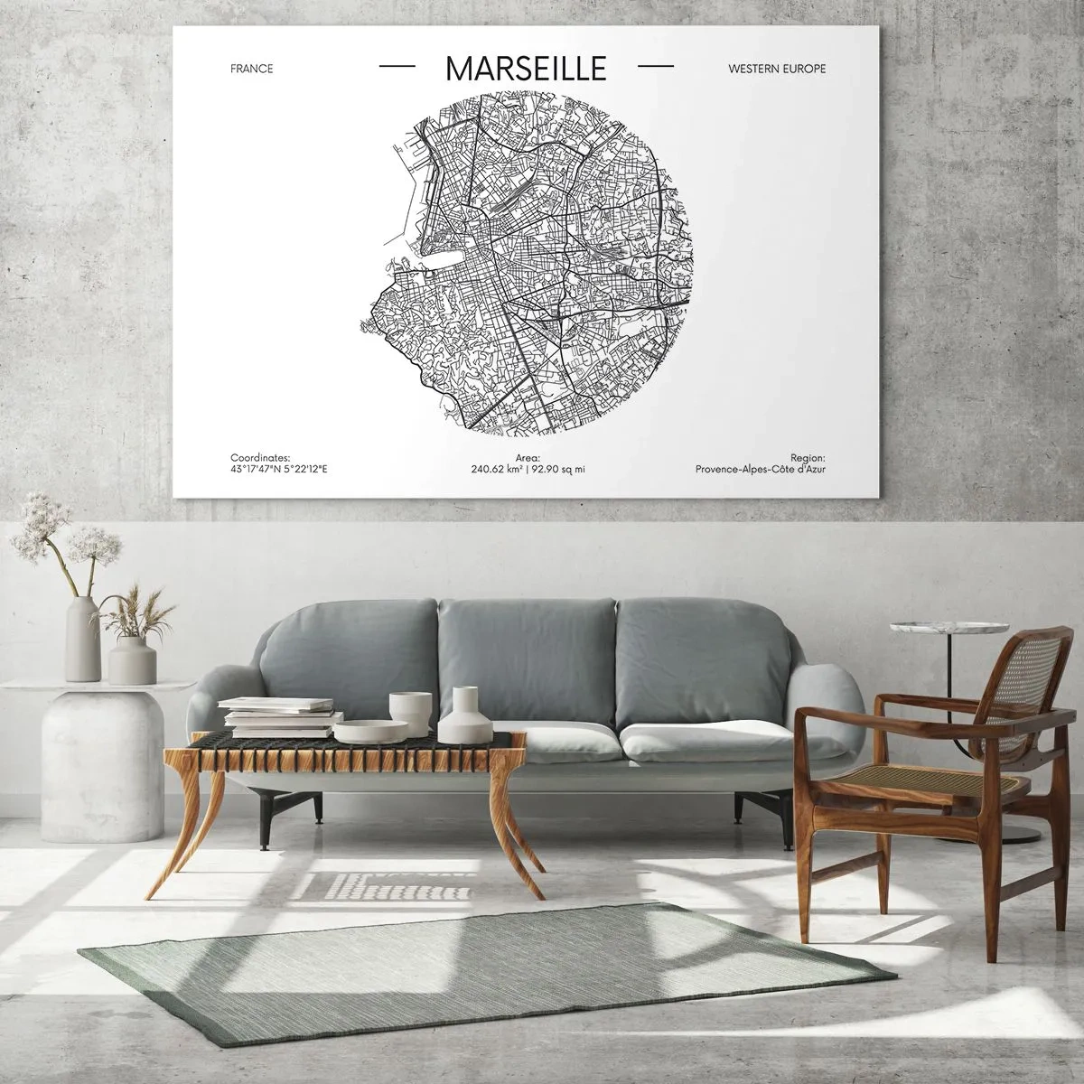 Glasbild - Bild auf glas - Schwarz-weißer Stadtplan von Marseille im modernen Stil - 70x50cm - Anatomie von Marseille - Moderne Wanddekoration für Wohnzimmer und Schlafzimmer ARTTOR
