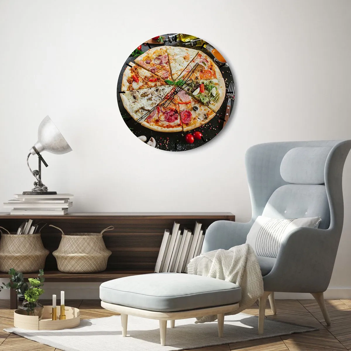 Wanduhr - Glasuhr - Appetitliche Pizza mit verschiedenen Belägen auf schwarzem Hintergrund - 30x30cm - Eine Reihe von Geschmacksrichtungen - Moderne Wanddekoration für Wohnzimmer, Küche und Schlafzimmer ARTTOR
