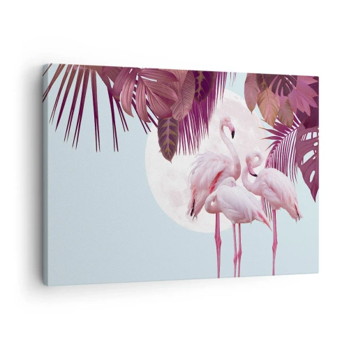 Bild auf Leinwand - Leinwandbild - Rosa Flamingos vor dem Hintergrund des Mondes und tropischer Blätter - 70x50cm - Drei Vogelgnaden - Moderne Wanddekoration für Wohnzimmer und Schlafzimmer ARTTOR