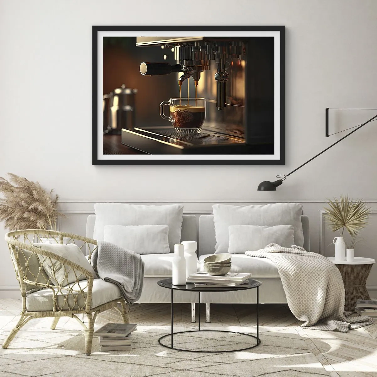 Poster in einem schwarzem Rahmen - Kaffeemaschine mit einer Tasse aromatischem Espresso - 70x50cm - Sinnliche Mischung - Moderne Wanddekoration für Wohnzimmer und Schlafzimmer ARTTOR