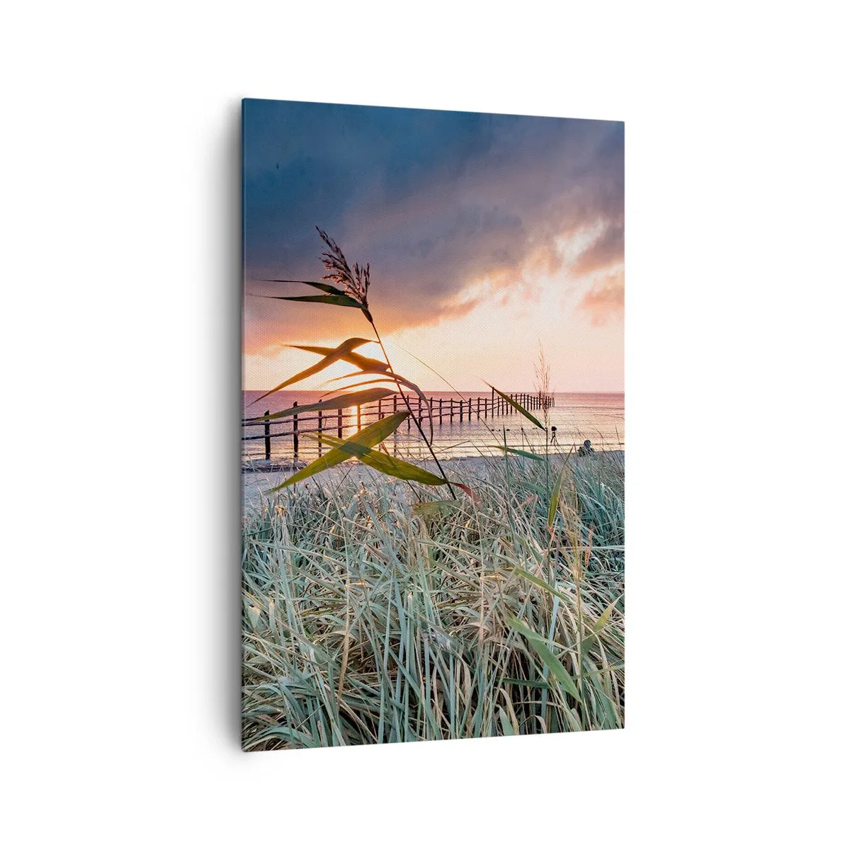 Bild auf Leinwand - Leinwandbild - Strand bei Sonnenuntergang mit Gräsern im Vordergrund - 80x120cm - Es vergeht nicht mit dem Wind - Moderne Wanddekoration für Wohnzimmer und Schlafzimmer ARTTOR