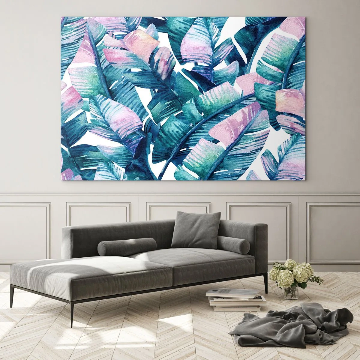 Glasbild - Bild auf glas - Bananenblätter in Pastelltönen auf weißem Hintergrund - 100x70cm - In einem Bananenhain - Moderne Wanddekoration für Wohnzimmer und Schlafzimmer ARTTOR