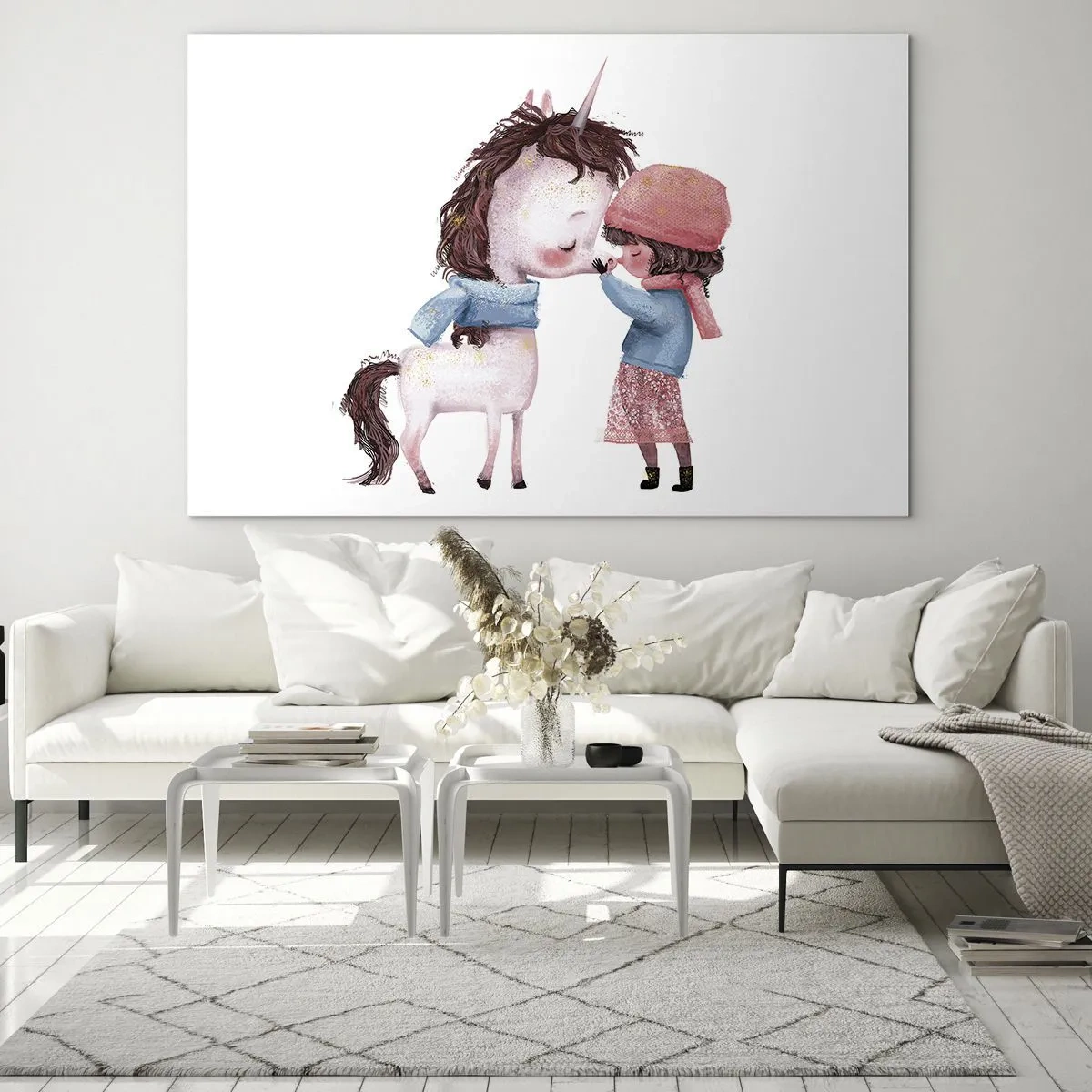 Glasbild - Bild auf glas - Ein Mädchen und ein Einhorn in einer Winterlandschaft - 70x50cm - Ein Wintermärchen - Moderne Wanddekoration für Wohnzimmer und Schlafzimmer ARTTOR