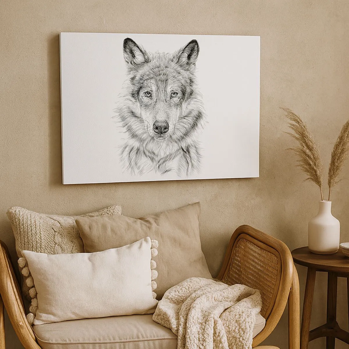Bild auf Leinwand - Leinwandbild - Skizze eines Wolfskopfes im monochromen Stil auf weißem Hintergrund - 70x50cm - Ein geborener Anführer - Moderne Wanddekoration für Wohnzimmer und Schlafzimmer ARTTOR