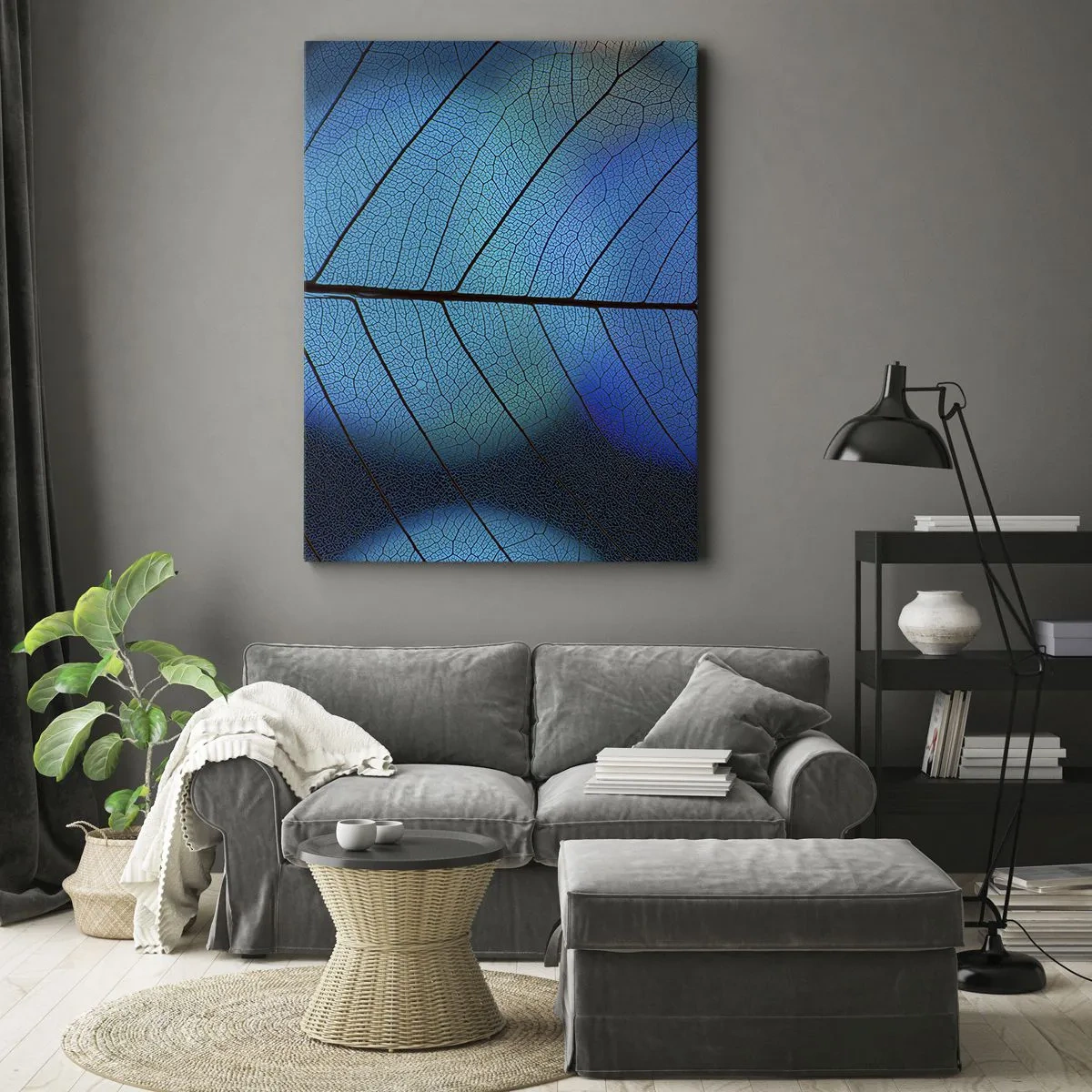 Bild auf Leinwand - Leinwandbild - Nahaufnahme eines blauen Blattes mit sichtbaren Blattadern - 80x120cm - Komplizierte Konstruktion - Moderne Wanddekoration für Wohnzimmer und Schlafzimmer ARTTOR
