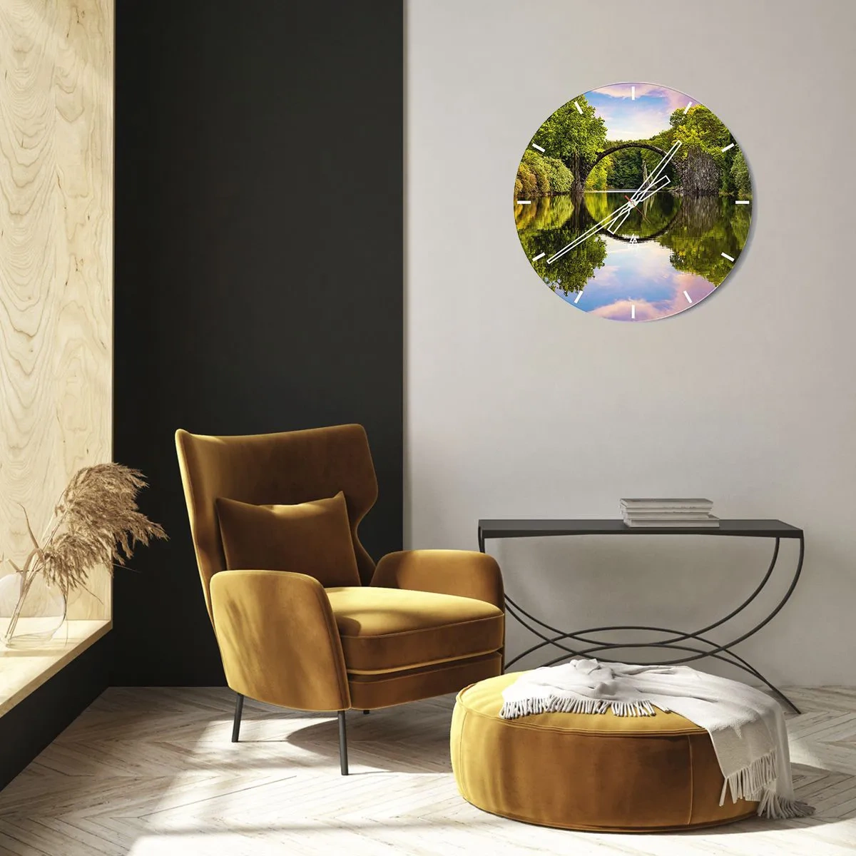 Wanduhr - Glasuhr - Die Rakotzbrücke spiegelt sich im Wasser - 30x30cm - An der Kreuzung zweier Welten - Moderne Wanddekoration für Wohnzimmer, Küche und Schlafzimmer ARTTOR