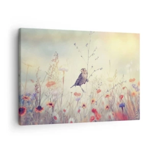 Bild auf Leinwand - Leinwandbild - Ein Vogel vor dem Hintergrund einer bunten Wiese in Pastellfarben - 70x50cm - Vogelporträt mit einer Wiese im Hintergrund - Moderne Wanddekoration für Wohnzimmer und Schlafzimmer ARTTOR