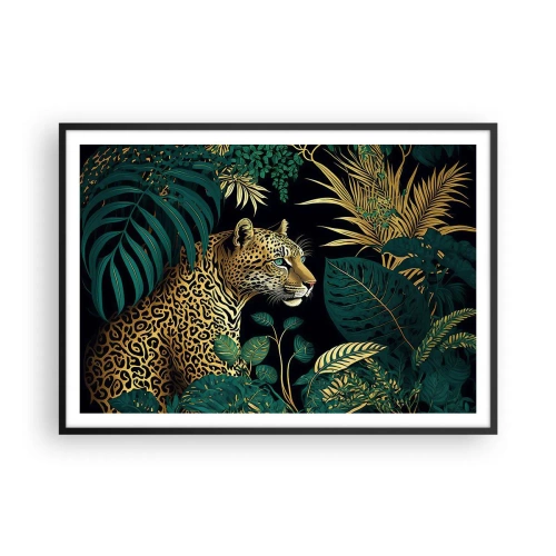 Poster in einem schwarzem Rahmen - Leopard in tropischen Blättern auf schwarzem Hintergrund - 100x70cm - Gastgeber im Dschungel - Moderne Wanddekoration für Wohnzimmer und Schlafzimmer ARTTOR