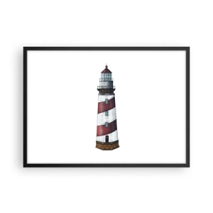 Poster in einem schwarzem Rahmen - Ein Cartoonbild eines Leuchtturms mit roten und weißen Streifen auf minimalistischem Hintergrund. - 70x50cm - Immer auf der Hut - Moderne Wanddekoration für Wohnzimmer und Schlafzimmer ARTTOR