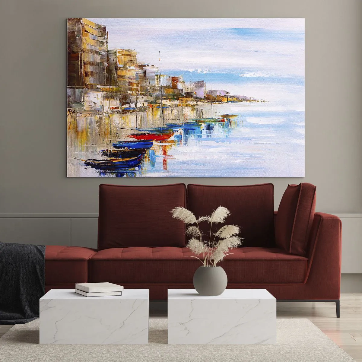Glasbild - Bild auf glas - Bunte Boote liegen am Stadtkai fest - 70x50cm - Bunte urbane Oase - Moderne Wanddekoration für Wohnzimmer und Schlafzimmer ARTTOR