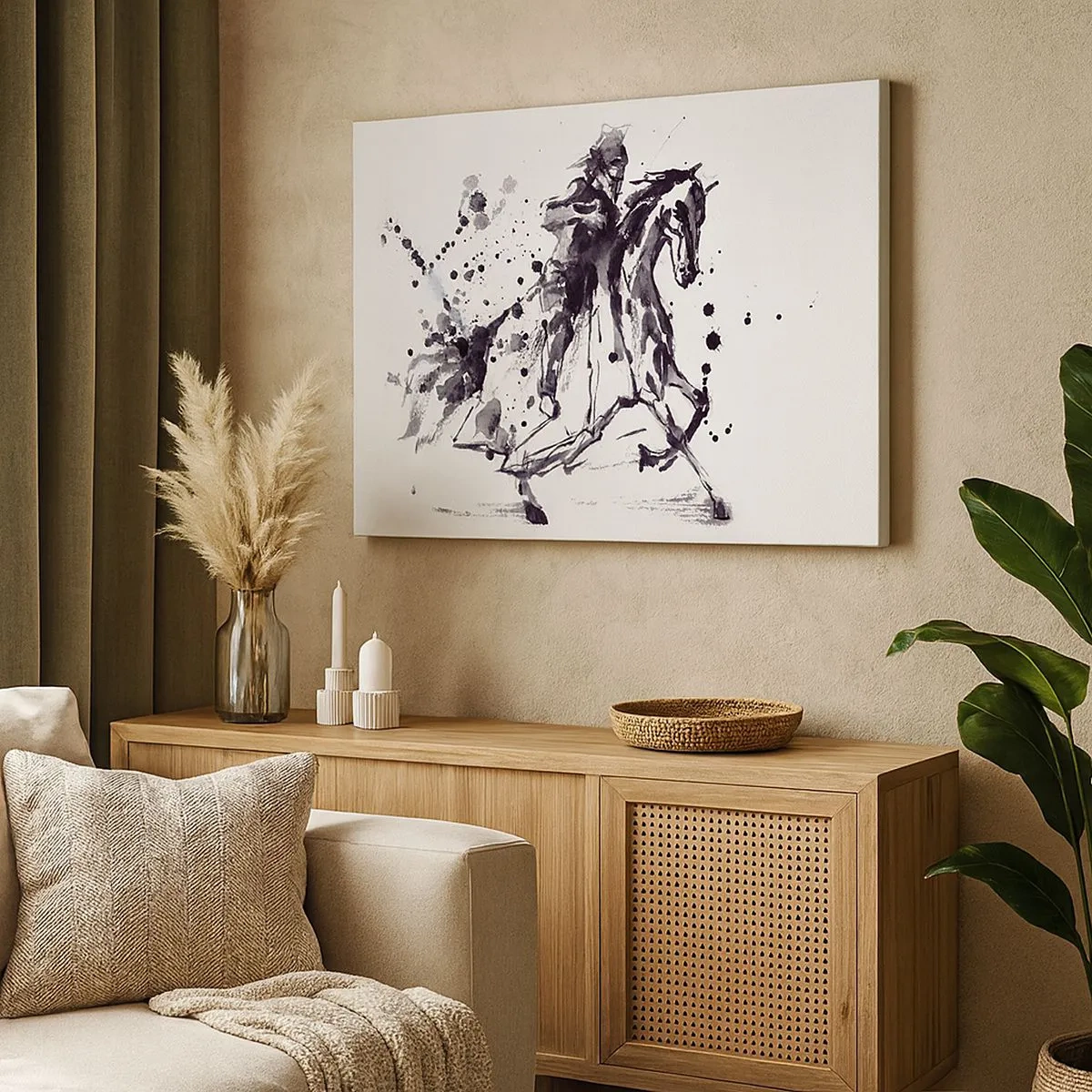 Bild auf Leinwand - Leinwandbild - Schwarz-weißes Aquarell eines Reiters auf einem galoppierenden Pferd - 70x50cm - Schwarzer Ritter - Moderne Wanddekoration für Wohnzimmer und Schlafzimmer ARTTOR