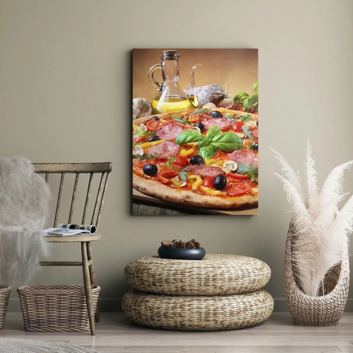 Bild auf Leinwand - Leinwandbild - Appetitliche Pizza auf einem Holztisch mit Belag - 50x70cm - Mit echtem italienischem Flair - Moderne Wanddekoration für Wohnzimmer und Schlafzimmer ARTTOR