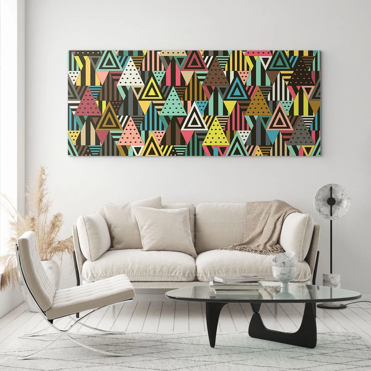 Glasbild - Bild auf glas - Buntes geometrisches Muster mit Dreiecken und Linien - 140x50cm - Im Rhythmus auf drei - Moderne Wanddekoration für Wohnzimmer und Schlafzimmer ARTTOR